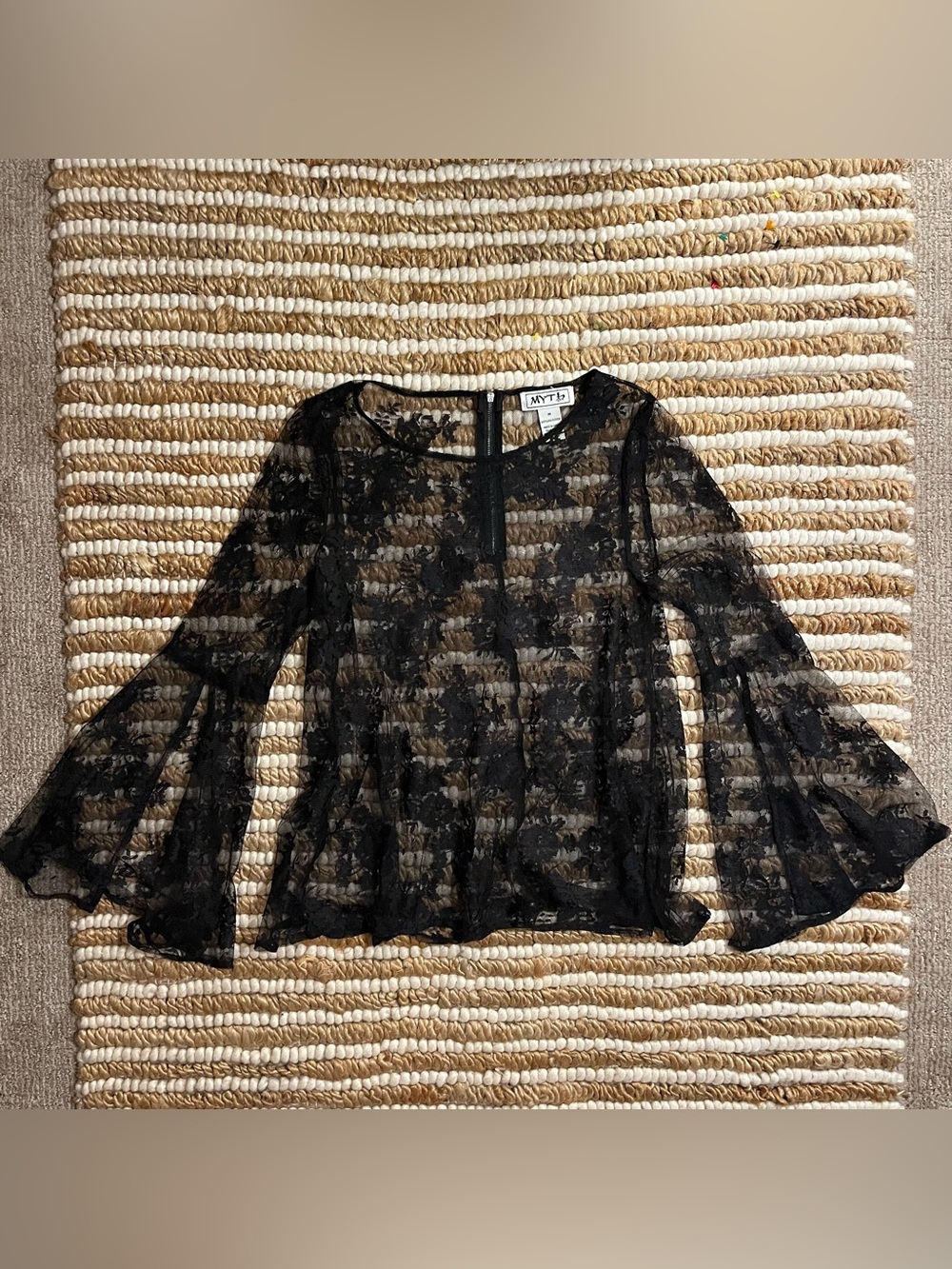 Vintage MYTH Black Sheer Lace Bell-Sleeve Women’s Top